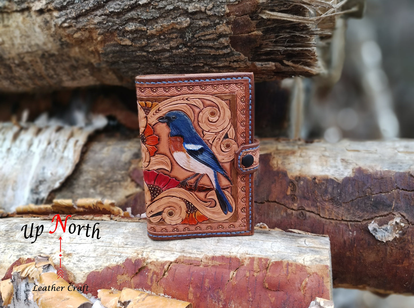 (01JS24) Hand Tooled Small Leather Journal - Lazuli Bunting