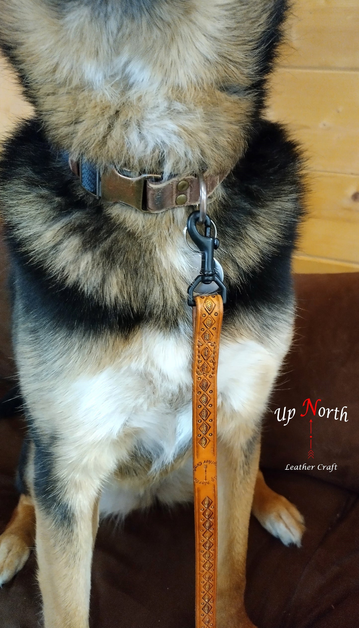 (01LM24) Handmade Leather Dog Leash for Medium Dogs - Gold Leaf