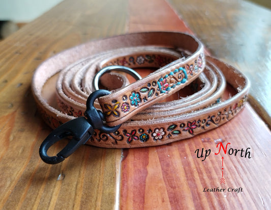 (01LXS24) Handmade Leather Dog Leash for Extra Small Dogs - Floral