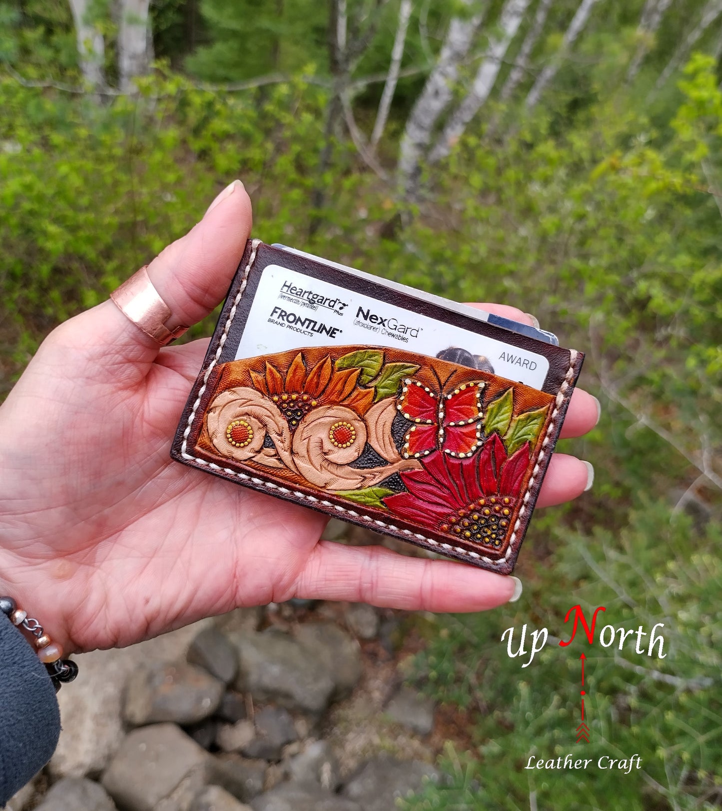 (01MMW24) Handmade Leather 3 Slot Minimalist Wallet - Flowers & Butterfly