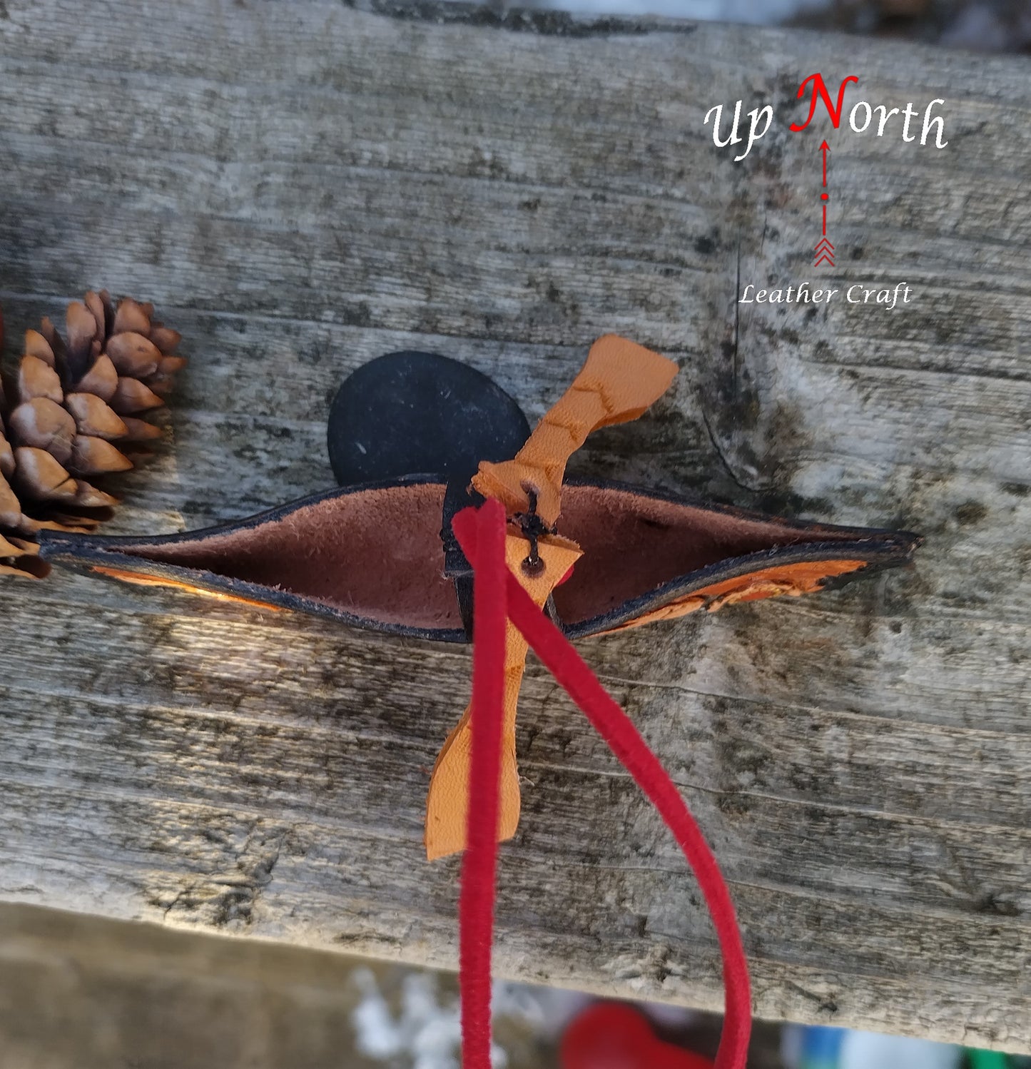 (01OC24) Handmade Leather Canoe Ornament - Red Handle