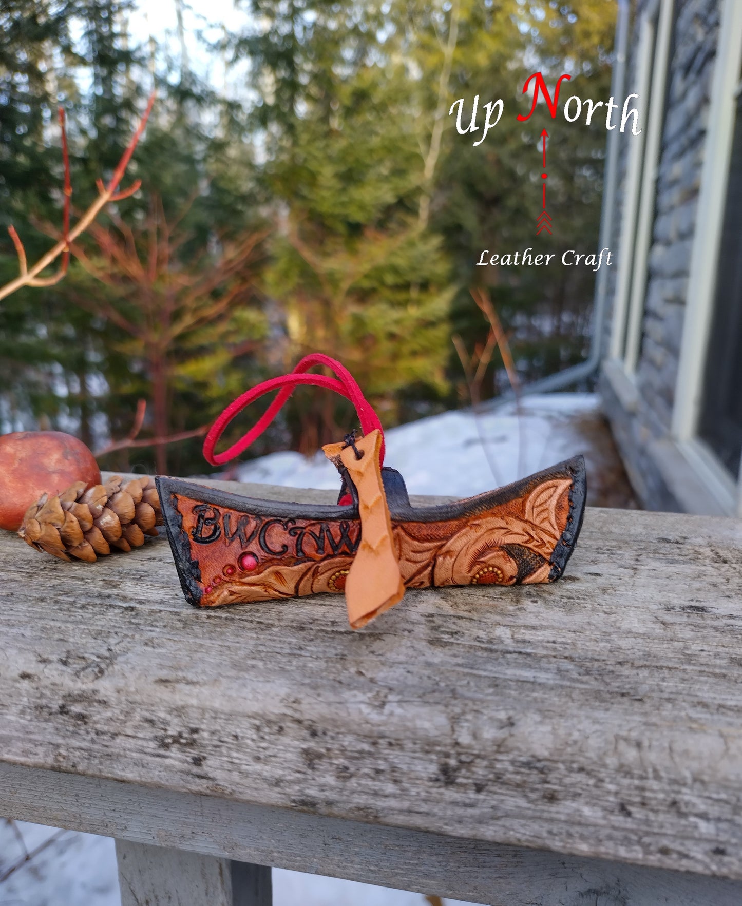 (01OC24) Handmade Leather Canoe Ornament - Red Handle