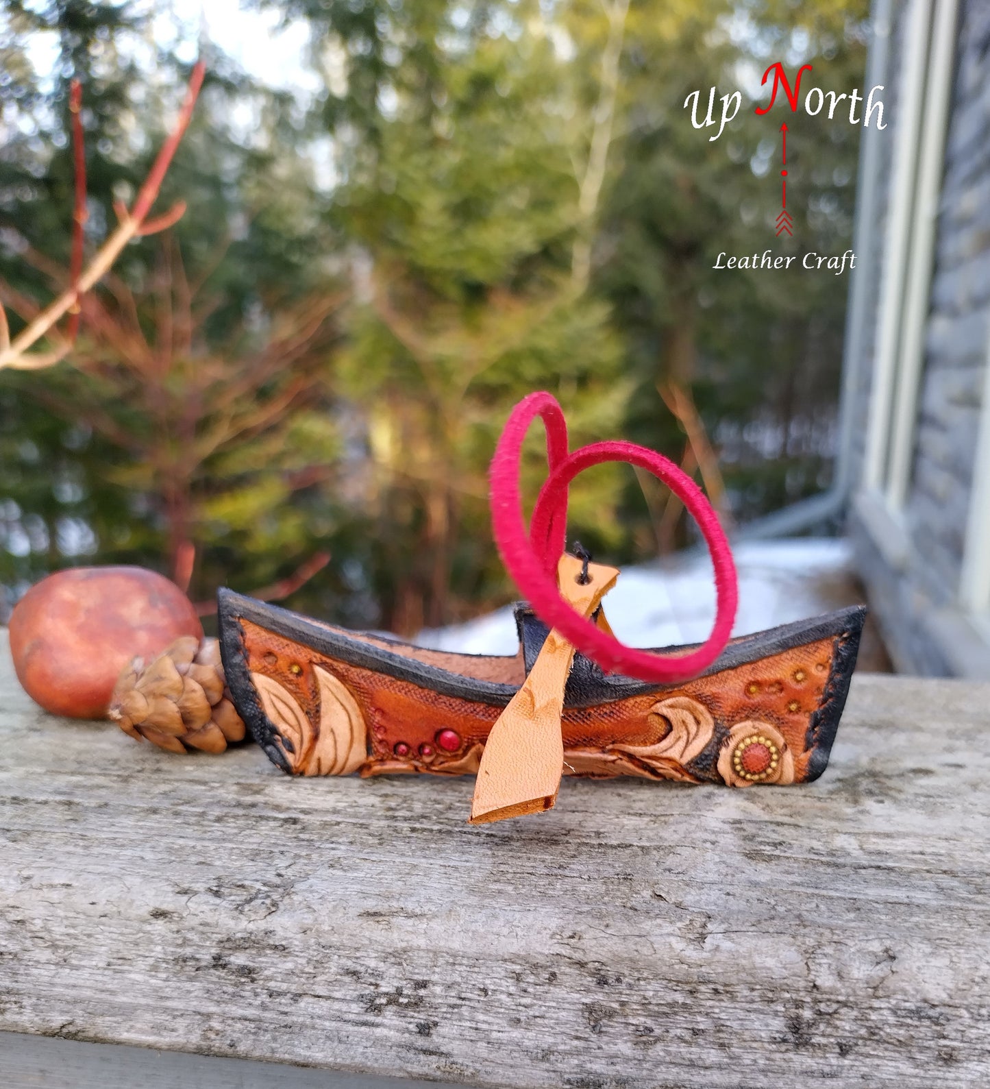 (01OC24) Handmade Leather Canoe Ornament - Red Handle