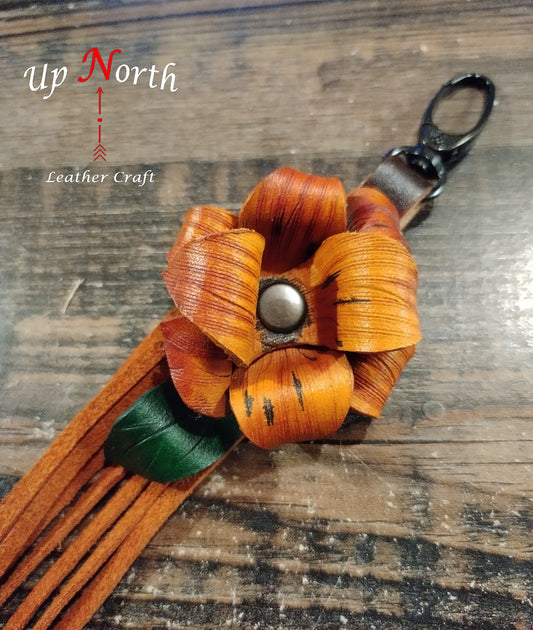 (05PC24) Handmade Leather Purse Charm - Orange and Brandy Flower with soft Cinnamon Leather Streamer