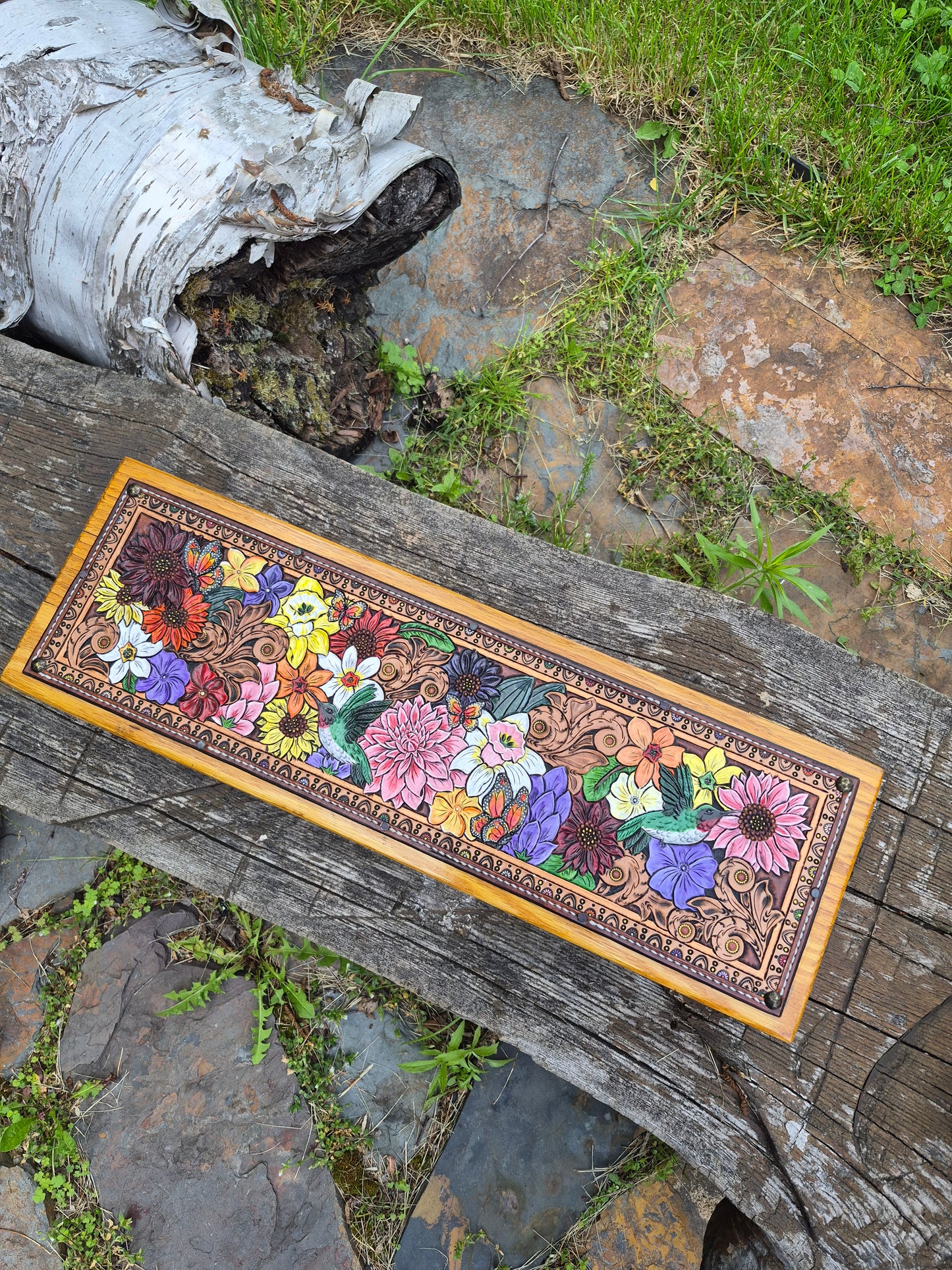 (03WB26) Vintage Wooden Box with Tooled Leather Top