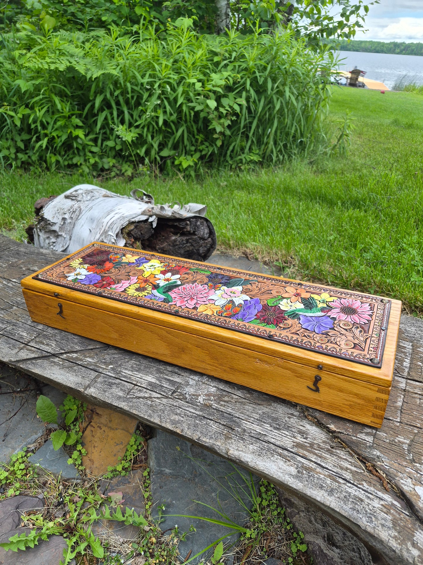 (03WB26) Vintage Wooden Box with Tooled Leather Top