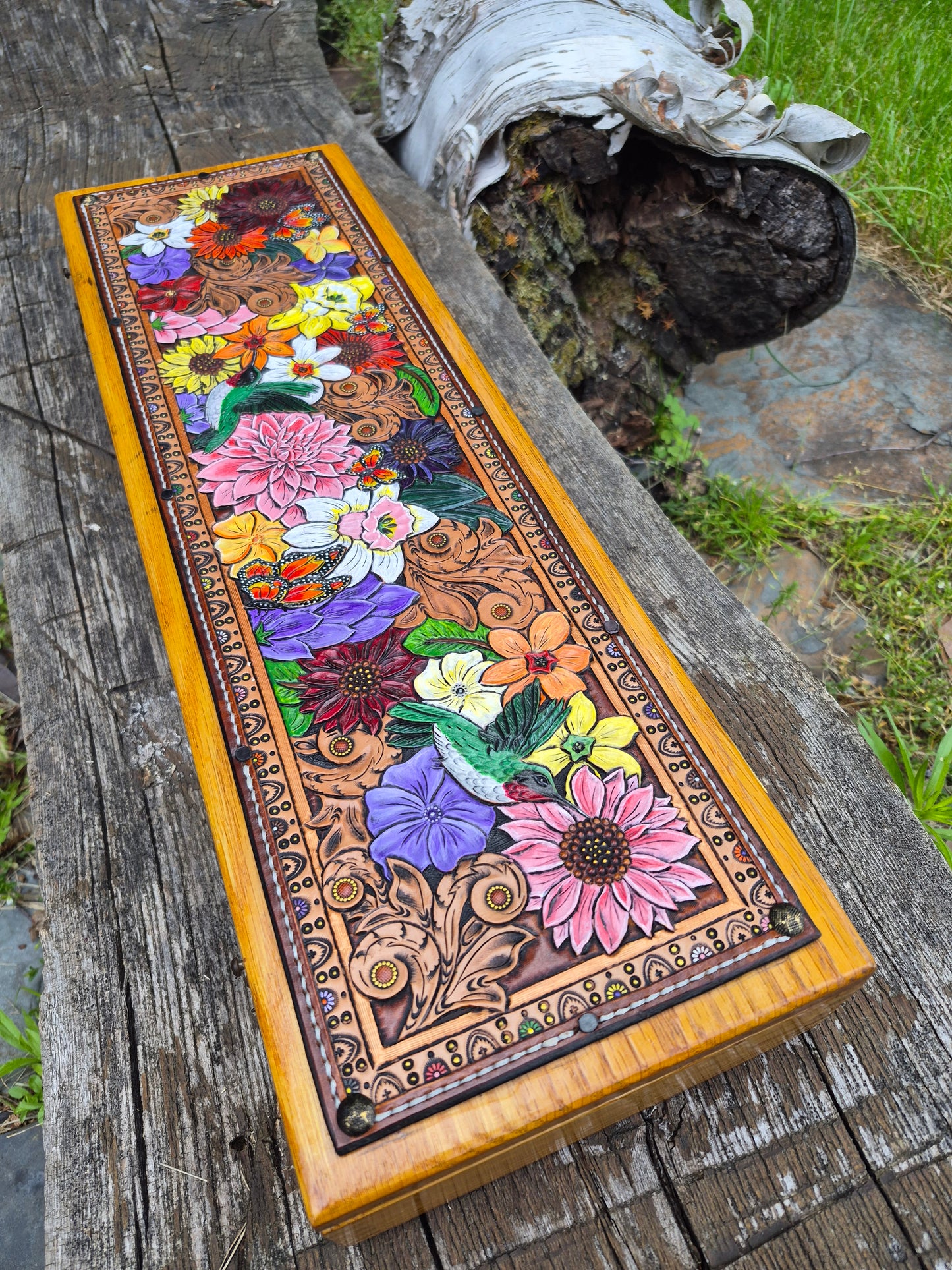 (03WB26) Vintage Wooden Box with Tooled Leather Top